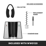 A portable wine bottle opener set includes a charging base with power and charge indicators, a black foil cutter, a replacement auger, and an electric wine opener auger attachment as accessories for model WWO120.