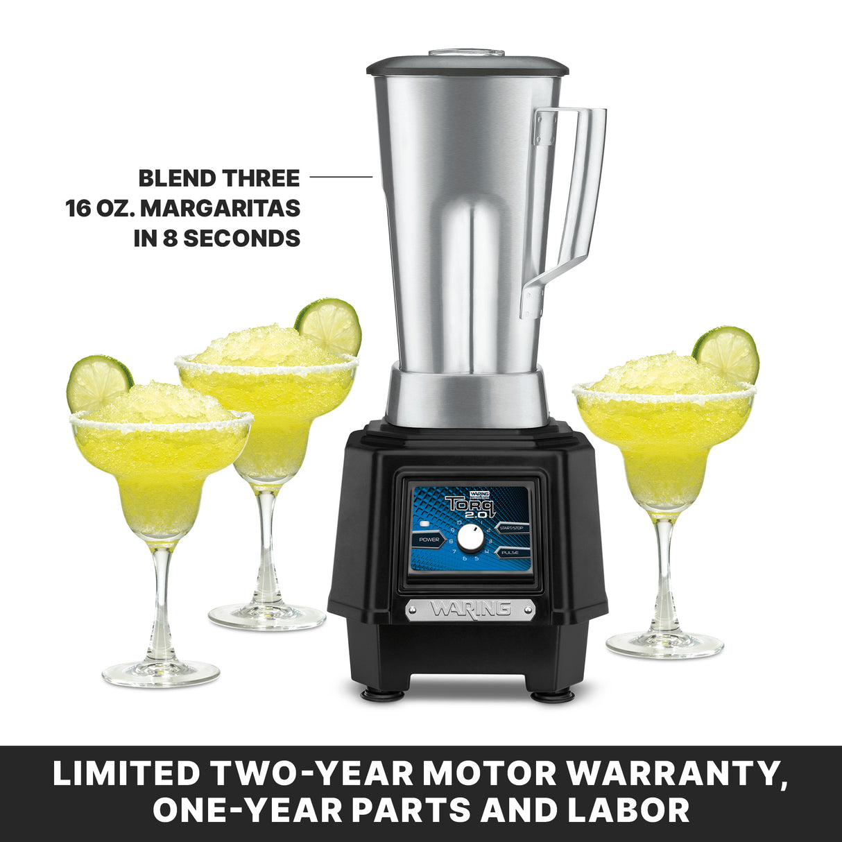 A silver and black TORQ 2.0 Series Blender sits on a counter with three margarita glasses filled with yellow frozen margaritas, each garnished with a lime slice. Features include a stainless steel container and limited two-year motor warranty.