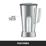 A large, silver, stainless steel container from the TORQ 2.0 Series Blender with a black lid and handle stands upright on a white background. Text beside it reads 64 OZ. STAINLESS STEEL JAR, with FEATURES in bold white letters below.