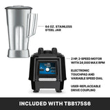 A stainless steel container and a black base with electronic controls are shown. Text highlights the 64 oz. stainless steel jar of the TORQ 2.0 Series Blender, 2 HP motor with 24,000 max RPM, variable speed dial, and user-replaceable drive coupling.