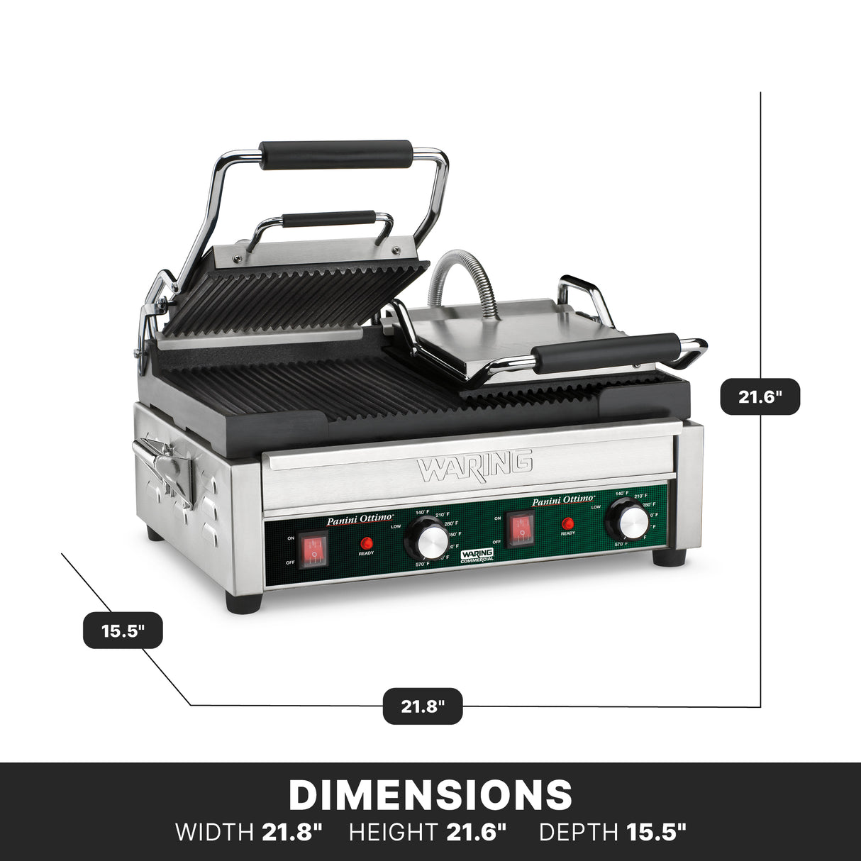 A stainless steel Panini grill with cast iron plates, a hinged ribbed top partially open, black handles, and control knobs on the front panel. Dimensions: 21.8 wide, 21.6 high, 15.5 deep. Waring brand visible on front.