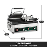 A stainless steel Panini grill with cast iron plates, a hinged ribbed top partially open, black handles, and control knobs on the front panel. Dimensions: 21.8 wide, 21.6 high, 15.5 deep. Waring brand visible on front.