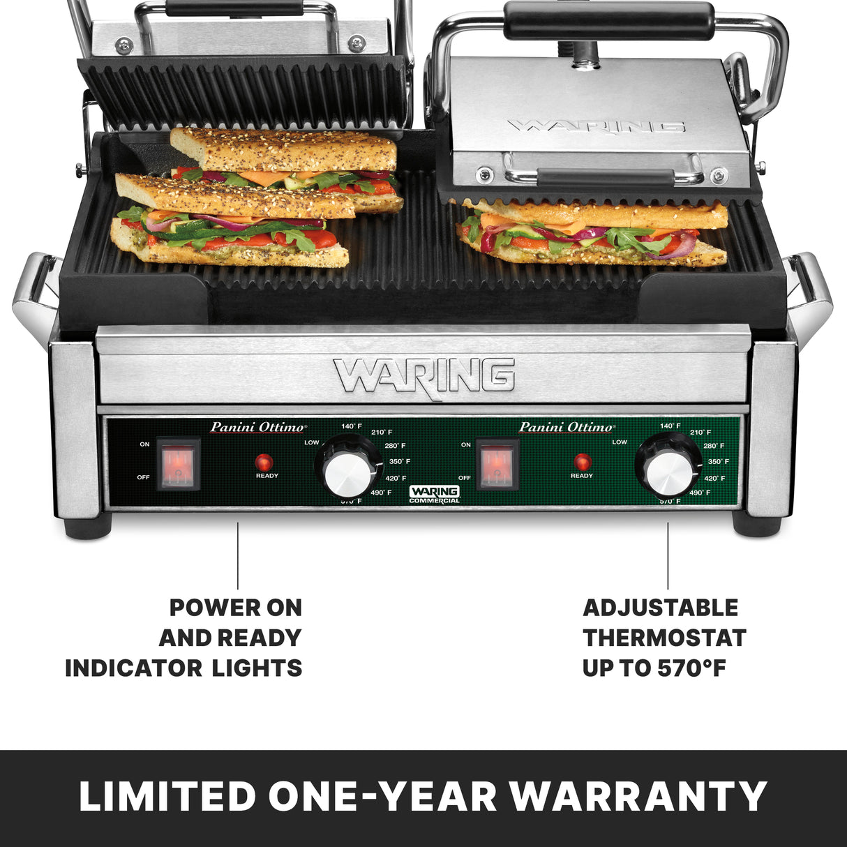 A stainless steel dual panini grill with cast iron plates grills two sandwiches, featuring indicator lights and dials on the front. Labels show “Power On and Ready Indicator Lights” and “Adjustable Thermostat up to 570°F.” Limited One-Year Warranty.