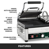 A stainless steel panini grill with a hinged, auto-balancing top plate, 17 x 9.5 ribbed cast iron plates, and heat-resistant handles. Labels highlight these features. The machine is labeled Waring and sits above the word Features.