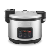 A PFAS-free commercial rice cooker, this stainless steel model features a non-stick ceramic-coated inner pot, a digital display showing 18:30, black handles, and the Waring brand embossed above the control panel with labeled buttons.
