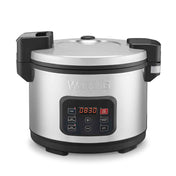 A PFAS-free commercial rice cooker, this stainless steel model features a non-stick ceramic-coated inner pot, a digital display showing 18:30, black handles, and the Waring brand embossed above the control panel with labeled buttons.