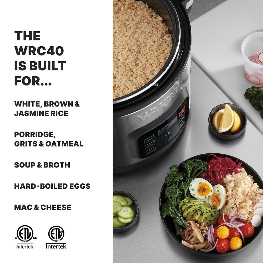 A commercial rice cooker filled with cooked rice sits on a counter next to bowls of fresh food: cucumber, hard-boiled eggs, mixed greens, shredded carrots, red cabbage, beetroot, and avocado. Text lists foods the PFAS-free WRC40 cooker can make.