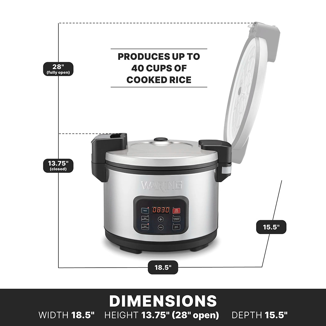 A large silver and black commercial rice cooker is shown with its lid partially open, revealing the digital control panel. This PFAS-free, non-stick ceramic-coated model cooks up to 40 cups of rice. Dimensions: width 18.5, height 13.75 closed (28 open), depth 15.5.