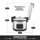 A large silver and black commercial rice cooker is shown with its lid partially open, revealing the digital control panel. This PFAS-free, non-stick ceramic-coated model cooks up to 40 cups of rice. Dimensions: width 18.5, height 13.75 closed (28 open), depth 15.5.