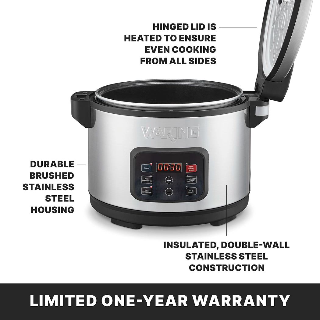 A commercial rice cooker with a non-stick ceramic-coated pot and open hinged lid is shown. Callouts highlight its brushed stainless steel housing, insulated double-wall build, heated lid, and PFAS-free materials. Text below states: “Limited one-year warranty.”.