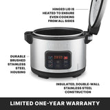 A commercial rice cooker with a non-stick ceramic-coated pot and open hinged lid is shown. Callouts highlight its brushed stainless steel housing, insulated double-wall build, heated lid, and PFAS-free materials. Text below states: “Limited one-year warranty.”.