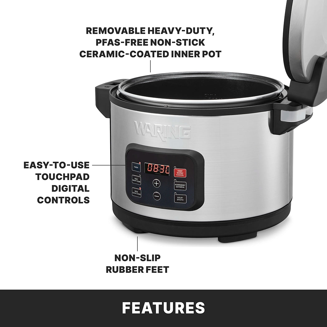 A commercial rice cooker is shown with its lid open. Labels highlight the removable PFAS-free non-stick ceramic-coated inner pot, easy-to-use touchpad digital controls, and non-slip rubber feet. The word Features appears at the bottom.
