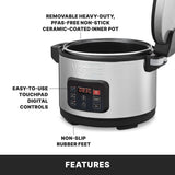 A commercial rice cooker is shown with its lid open. Labels highlight the removable PFAS-free non-stick ceramic-coated inner pot, easy-to-use touchpad digital controls, and non-slip rubber feet. The word Features appears at the bottom.