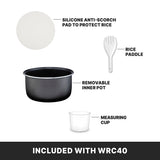 A diagram displays accessories included with the WRC40 commercial rice cooker: a white silicone anti-scorch pad, PFAS-free non-stick ceramic-coated black inner pot, white rice paddle, and transparent measuring cup. Each item is labeled.