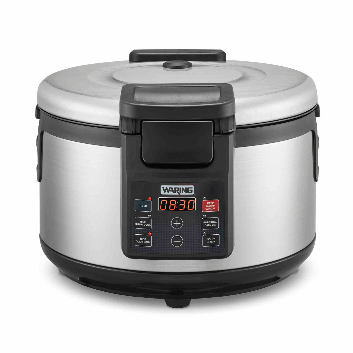 A stainless steel commercial rice cooker with a digital control panel displays “08:30.” The panel has menu selection, timer, start/stop, and adjustment buttons. The lid is closed and the brand name “Waring” appears above the display.