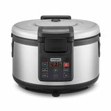 A stainless steel commercial rice cooker with a digital control panel displays “08:30.” The panel has menu selection, timer, start/stop, and adjustment buttons. The lid is closed and the brand name “Waring” appears above the display.