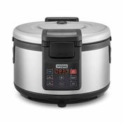 A stainless steel commercial rice cooker with a digital control panel displays “08:30.” The panel has menu selection, timer, start/stop, and adjustment buttons. The lid is closed and the brand name “Waring” appears above the display.