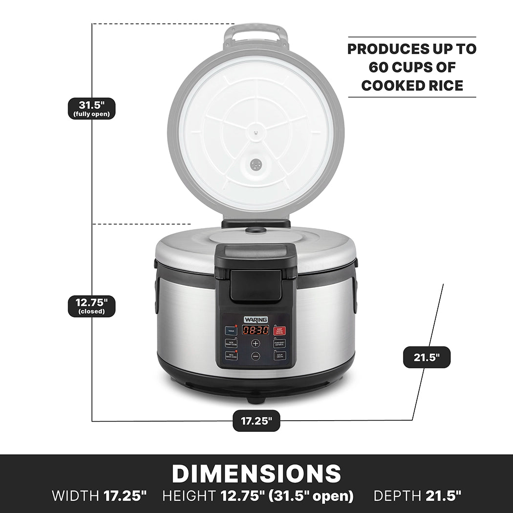 A large commercial rice cooker with an open lid, PFAS-free non-stick pot, digital control panel, and labeled dimensions: width 17.25", height 12.75" closed/31.5" open, depth 21.5". Produces up to 60 cups of cooked rice.