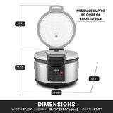 A large commercial rice cooker with an open lid, PFAS-free non-stick pot, digital control panel, and labeled dimensions: width 17.25", height 12.75" closed/31.5" open, depth 21.5". Produces up to 60 cups of cooked rice.