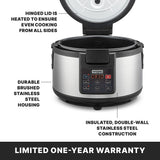 A stainless steel commercial rice cooker with an open hinged heated lid, digital control panel, and PFAS-free non-stick pot. Features durable brushed stainless steel housing and insulated double-wall construction. “Limited one-year warranty.”.