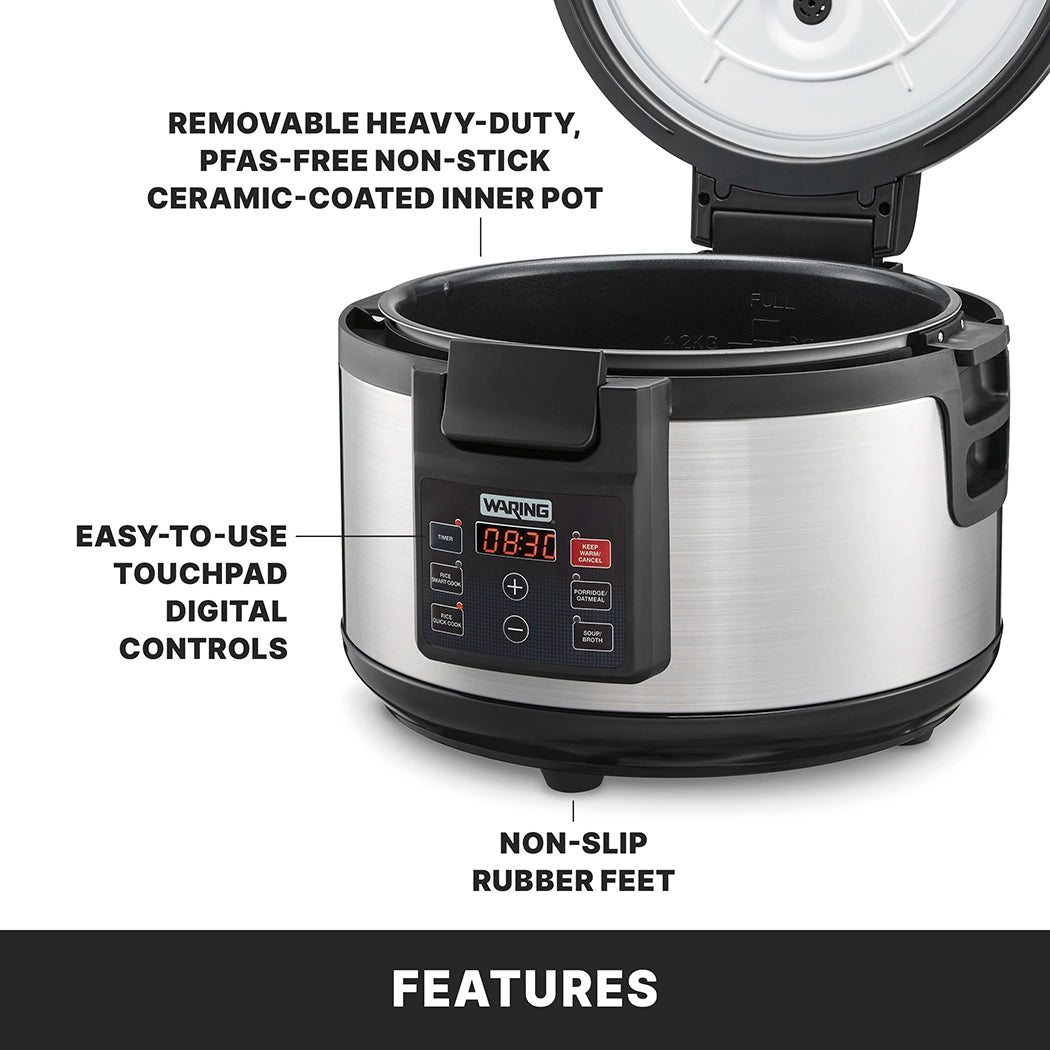 A stainless steel commercial rice cooker with a digital control panel, touchpad buttons, and display. The removable, heavy-duty PFAS-free non-stick pot is ceramic-coated. Non-slip rubber feet add stability. Lid is open to showcase interior features.