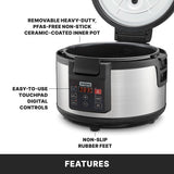 A stainless steel commercial rice cooker with a digital control panel, touchpad buttons, and display. The removable, heavy-duty PFAS-free non-stick pot is ceramic-coated. Non-slip rubber feet add stability. Lid is open to showcase interior features.