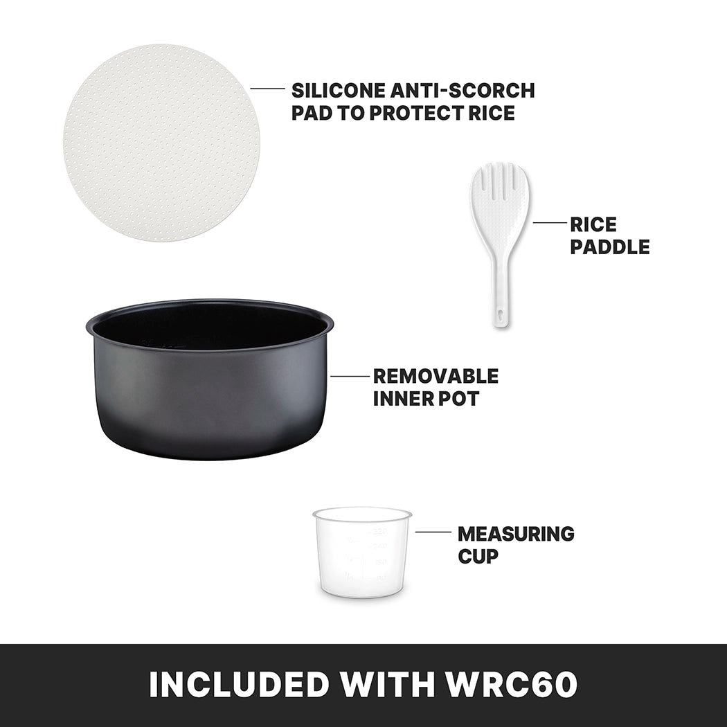 Image shows four rice cooker accessories: a white silicone anti-scorch pad, a white rice paddle, a PFAS-free non-stick pot, and a clear measuring cup. Text reads “Included with WRC60” on a black background at the bottom.