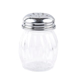 A clear, empty cheese shaker with vertical ridges and a chrome plated top featuring multiple holes, designed for dispensing salt or other seasonings. The background is plain white.