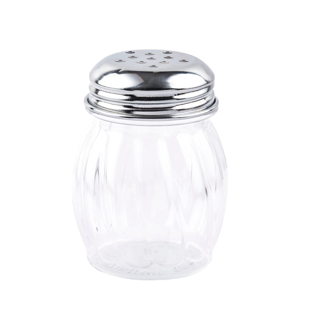 A clear, empty cheese shaker with vertical ridges and a chrome plated top featuring multiple holes, designed for dispensing salt or other seasonings. The background is plain white.
