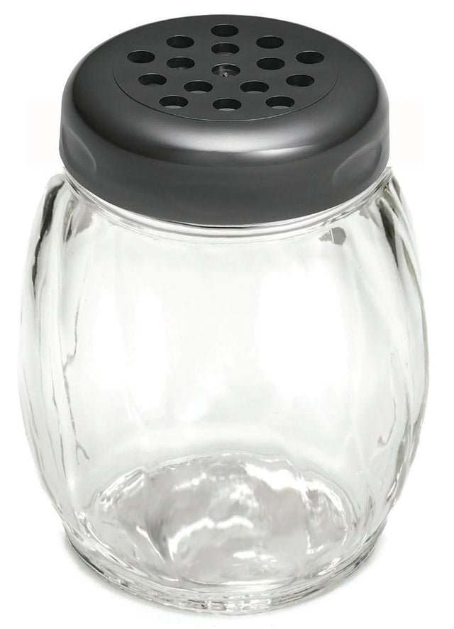 A clear, round glass cheese shaker with vertical grooves and a wide mouth, topped with a metallic lid featuring multiple evenly spaced circular holes. The jar is empty and designed for shaking out cheese, spices, or powdered condiments.