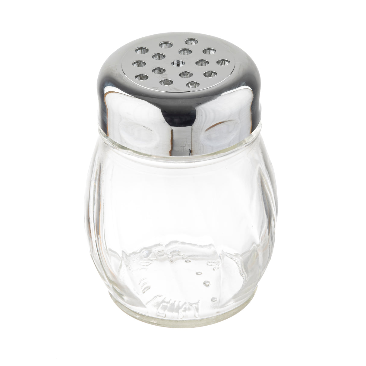 A clear, empty glass cheese shaker with a shiny metal lid featuring multiple small holes, photographed against a white background. The jar has a round, slightly ridged body and the lid reflects light, creating highlights on its surface.