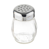 A clear, empty glass cheese shaker with a shiny metal lid featuring multiple small holes, photographed against a white background. The jar has a round, slightly ridged body and the lid reflects light, creating highlights on its surface.