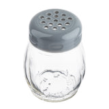 A clear glass cheese shaker by TableCraft Products with a rounded body and a gray plastic lid featuring multiple holes sits on a white background. The Swirl Cheese Shaker is empty, and its smooth surface reflects light.