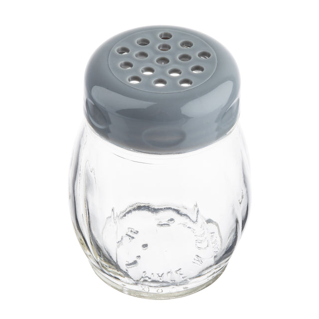 A clear glass cheese shaker by TableCraft Products with a rounded body and a gray plastic lid featuring multiple holes sits on a white background. The Swirl Cheese Shaker is empty, and its smooth surface reflects light.