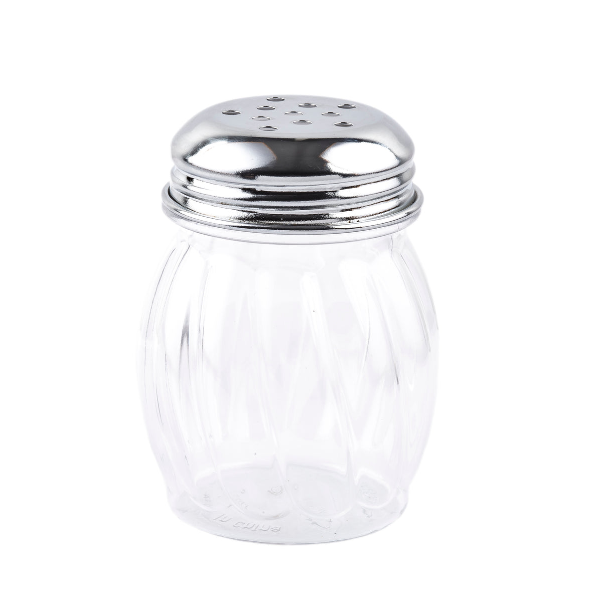 A clear, empty 6 oz glass shaker with vertical ridges, topped with a shiny, perforated metal lid. The TableCraft shaker stands upright on a white background, its lid featuring multiple small holes for dispensing contents.