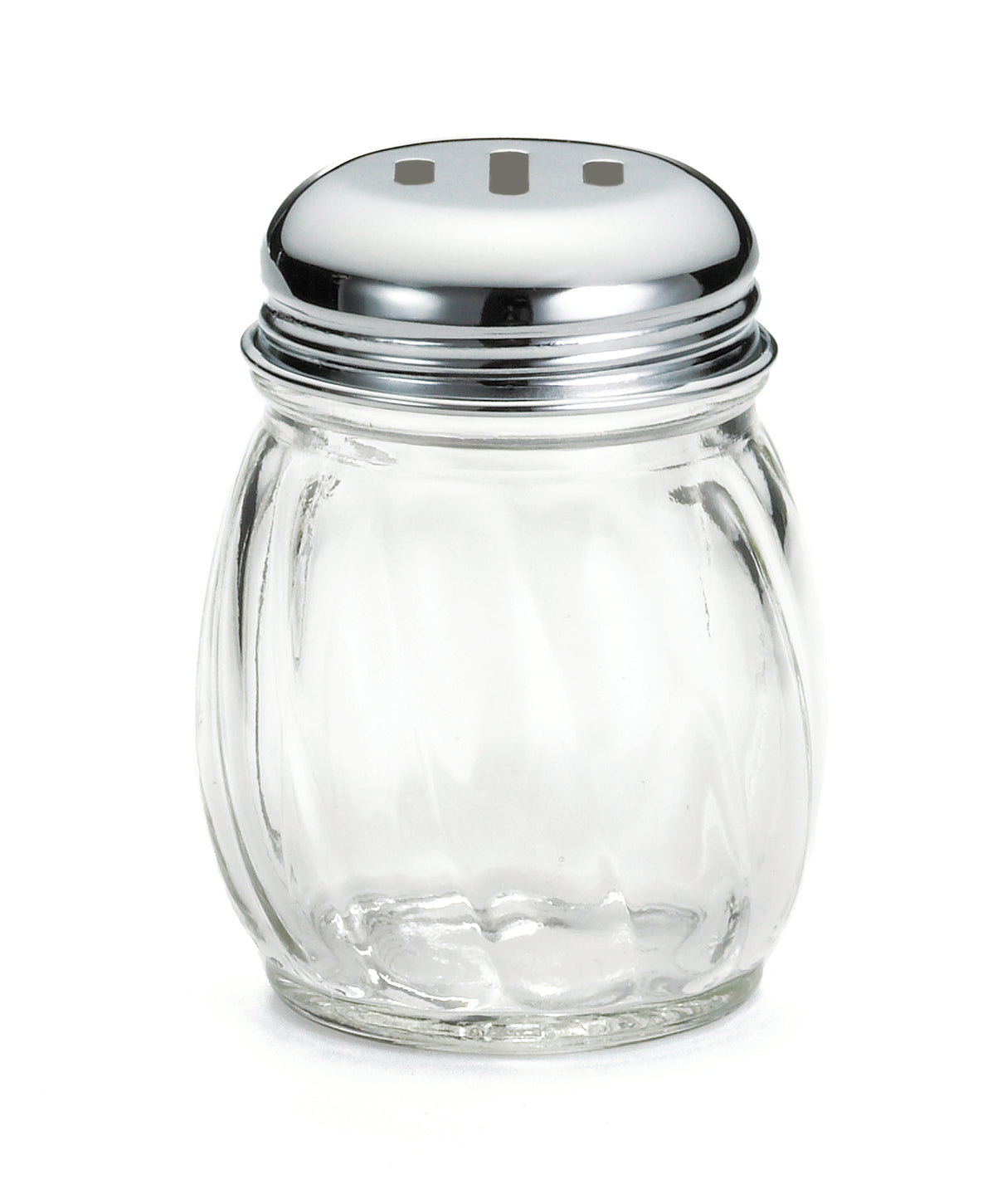A clear, round Cheese Shaker with vertical grooves and a chrome plated slotted top featuring three rectangular holes. The shiny lid is screwed onto the swirled glass jar, which rests on a plain white background.