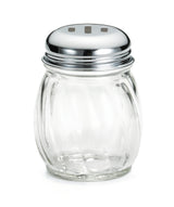 A clear, round Cheese Shaker with vertical grooves and a chrome plated slotted top featuring three rectangular holes. The shiny lid is screwed onto the swirled glass jar, which rests on a plain white background.