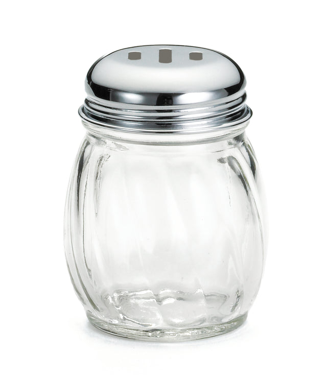 A clear, round Cheese Shaker with vertical grooves and a chrome plated slotted top featuring three rectangular holes. The shiny lid is screwed onto the swirled glass jar, which rests on a plain white background.