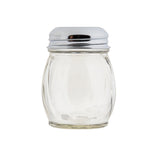 A clear, empty glass Cheese Shaker with a chrome plated slotted top and smooth hourglass shape is shown against a plain white background. The shaker has no visible salt inside and features a sleek silver lid.