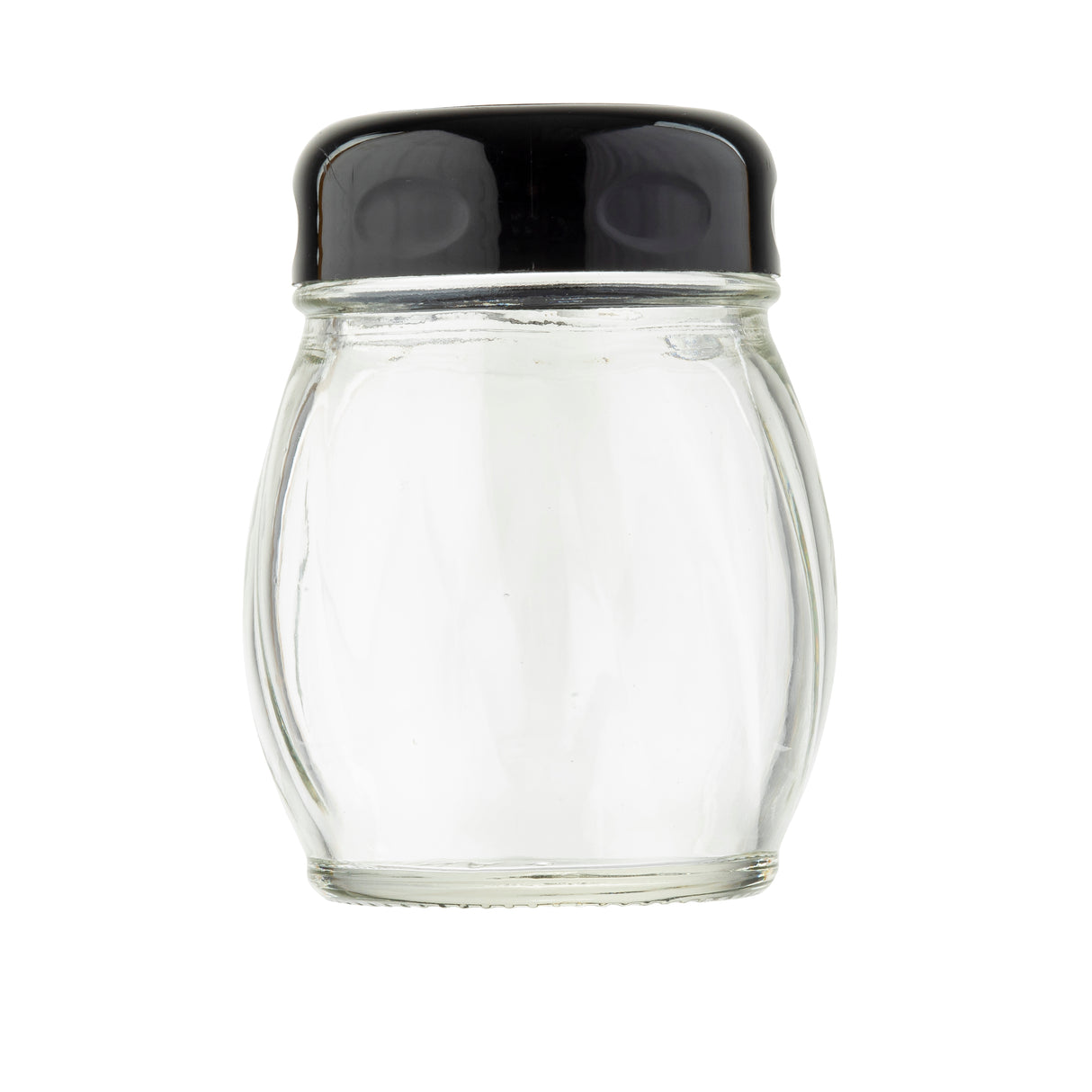 A clear, empty glass cheese shaker with a wide body and a glossy black screw-on lid, shown against a plain white background. The jar is simple, clean, and transparent, with no labels or markings visible.