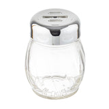 A clear glass cheese shaker with a chrome plated top is shown. The metal lid has two rectangular openings, likely for pouring sugar. The dispenser has a round, curved shape and sits on a white background.