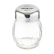 A clear glass cheese shaker with a chrome plated top is shown. The metal lid has two rectangular openings, likely for pouring sugar. The dispenser has a round, curved shape and sits on a white background.