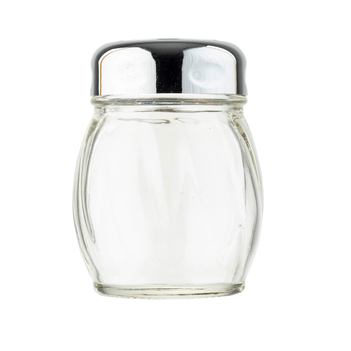 A clear, empty glass cheese shaker with a rounded body and a chrome plated top stands upright against a plain white background. The lid reflects light, highlighting its shiny metallic surface.
