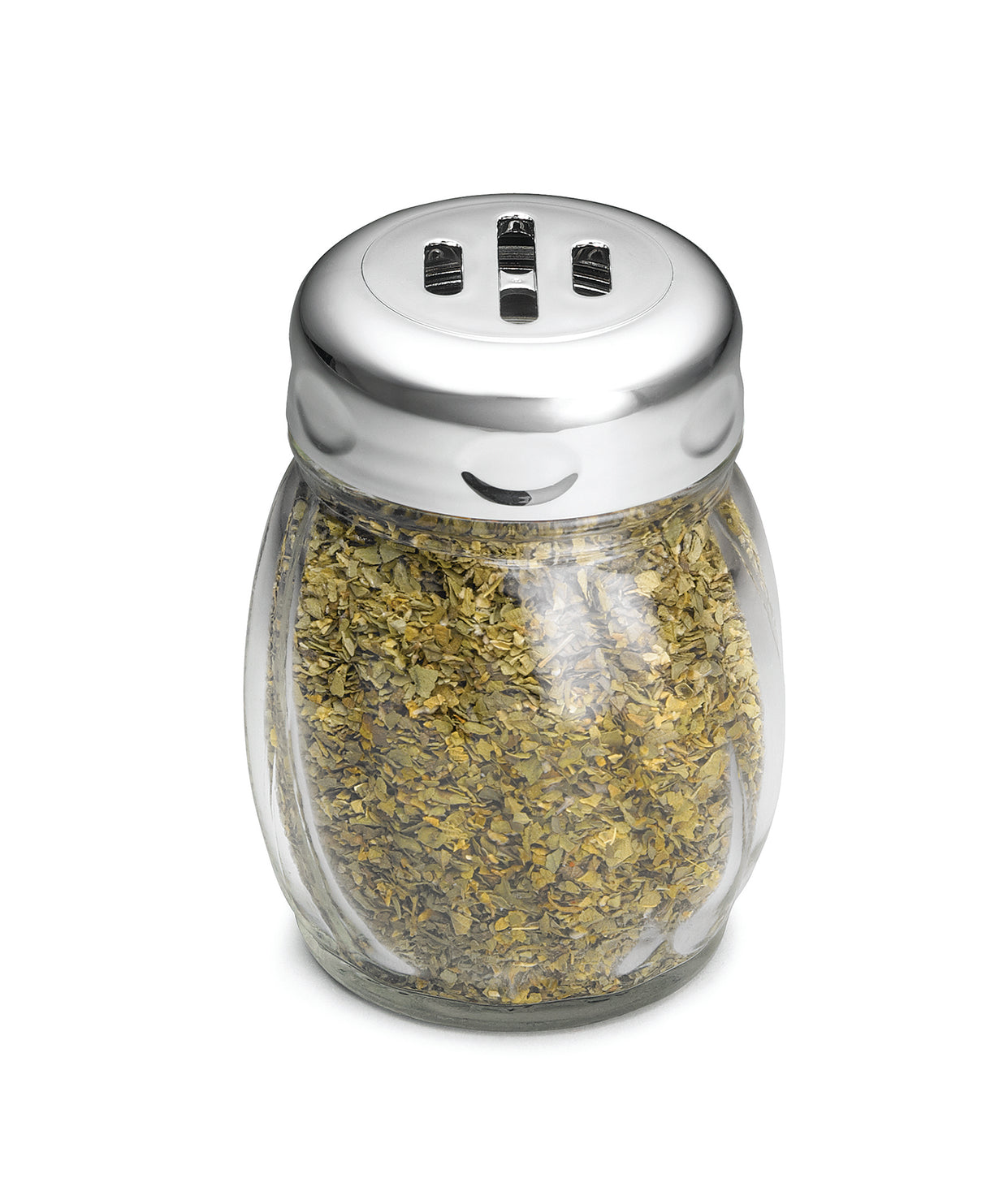 A clear glass cheese shaker jar filled with dried oregano leaves, topped with a shiny chrome plated top featuring three rectangular holes for sprinkling. The jar is shown against a plain white background.
