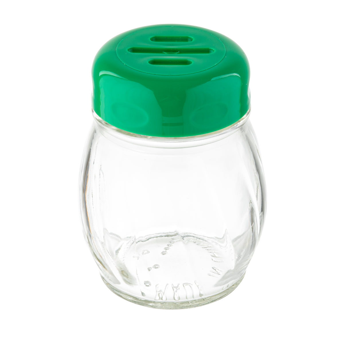 A small, empty Cheese Shaker with a clear glass body and a slotted green top featuring two elongated dispensing holes, photographed against a white background.