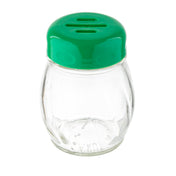 A small, empty Cheese Shaker with a clear glass body and a slotted green top featuring two elongated dispensing holes, photographed against a white background.