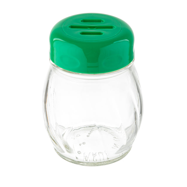 A small, empty Cheese Shaker with a clear glass body and a slotted green top featuring two elongated dispensing holes, photographed against a white background.