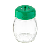 A small, empty, clear glass Cheese Shaker jar with a slotted green top featuring three large holes, shown against a plain white background.