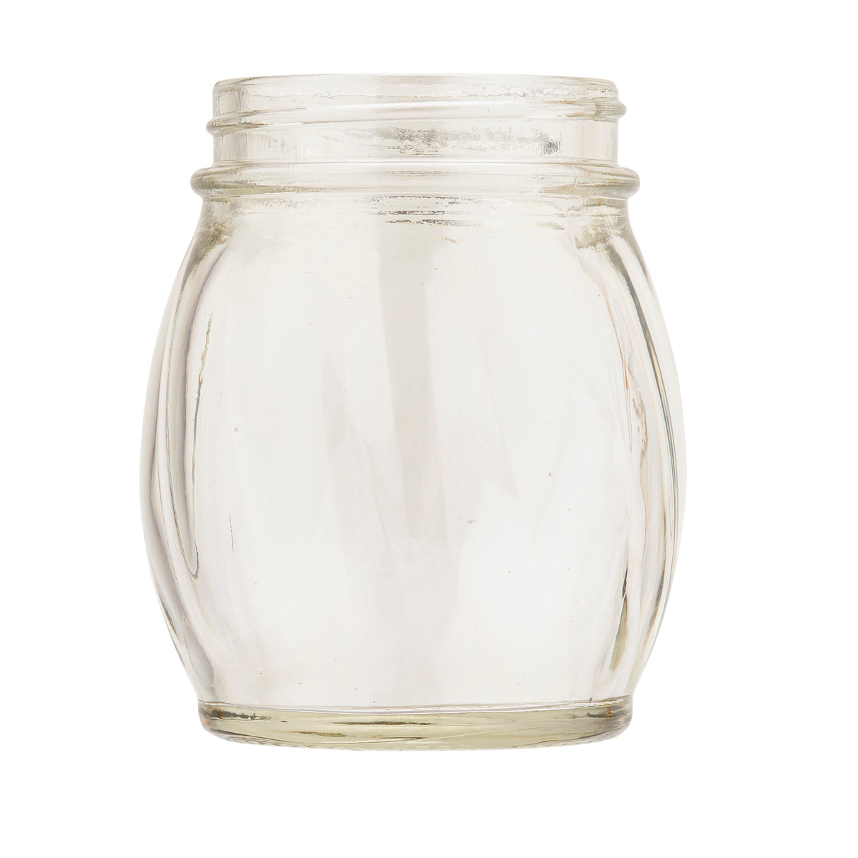 A clear, empty swirled glass jar with a wide mouth and rounded sides. The jar features subtle vertical grooves and is often used as a cheese shaker, photographed against a white background highlighting its transparency and reflections.
