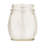 A clear, empty swirled glass jar with a wide mouth and rounded sides. The jar features subtle vertical grooves and is often used as a cheese shaker, photographed against a white background highlighting its transparency and reflections.